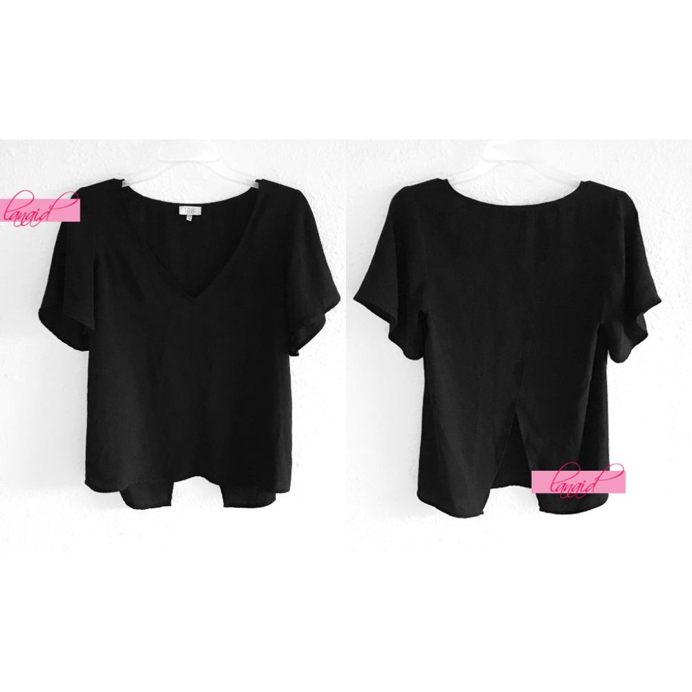 Tobi Open Back Black Chiffon V-Neck Flutter-Sleeve Blouse Top Backless Cut-Out S